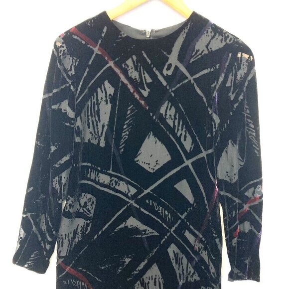 Linda Allard Ellen Tracy Velvet Burnout Dress Size 4 Silk Black Art Long Sleeve - Picture 3 of 15